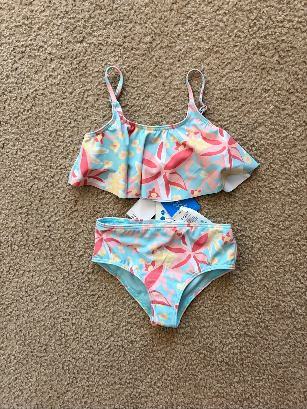 NWT Roxy Kids Floral Ruffle Bikini - Pink & Aqua